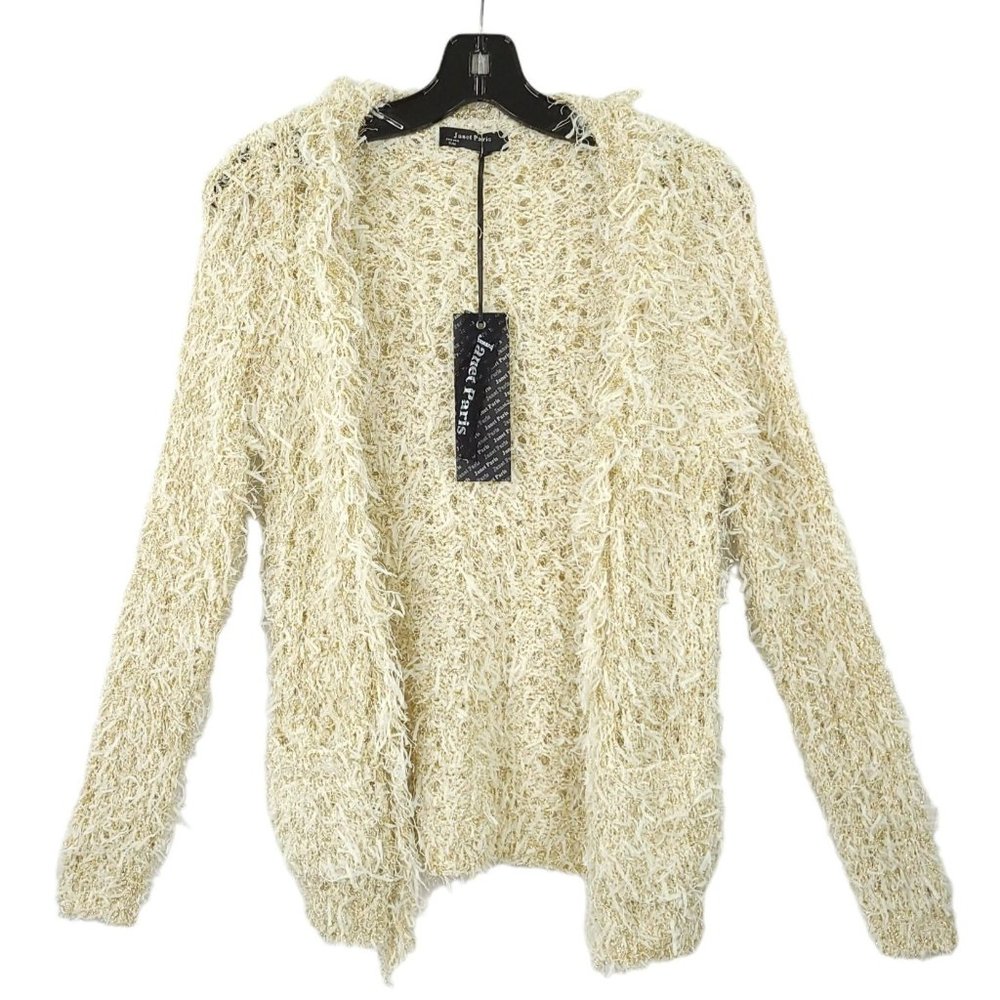 Janet Paris Open Front Cardigan Womens Size S/M Cream Gold Metallic Pockets NEW